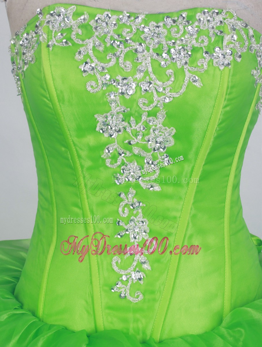 Appliques and Ruffled Layers Decorate Quinceanera Dress in Spring Green