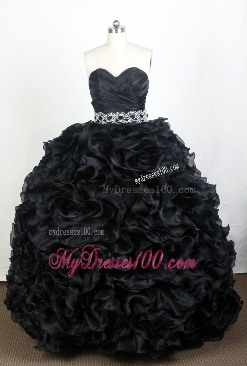 Beaded Decorate Organza Black Sweet 16 Dresses with Ruffles