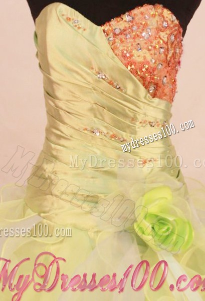 Ruffles Handmade Flower Quinceanera Gown Yellow Green and Orange