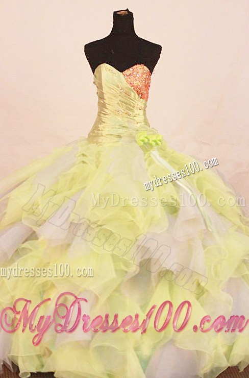 Ruffles Handmade Flower Quinceanera Gown Yellow Green and Orange