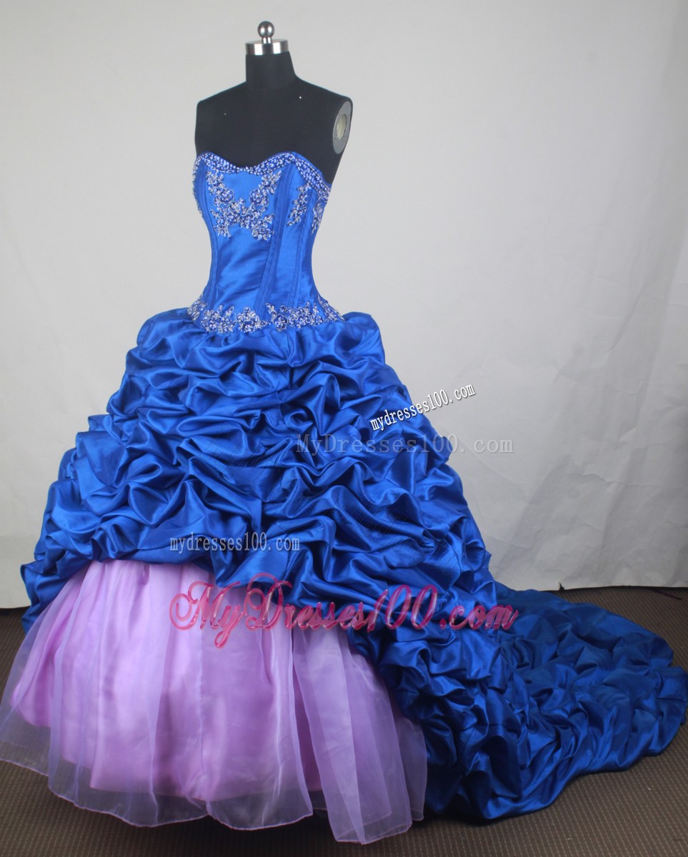 Chapel Train Pick-ups Lavender and Royal Blue Quinceanera Dresses