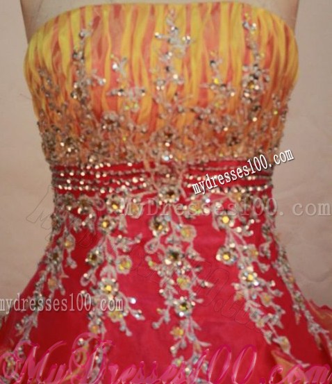 Hot Pink and Yellow Dress for Sweet 16 with Appliques and Ruffles