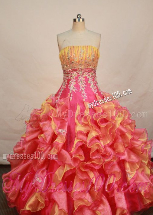 Hot Pink and Yellow Dress for Sweet 16 with Appliques and Ruffles