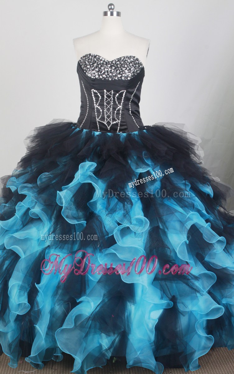 Blue and Black Beaded Ruffles Colorful Quinceanera Party Dress