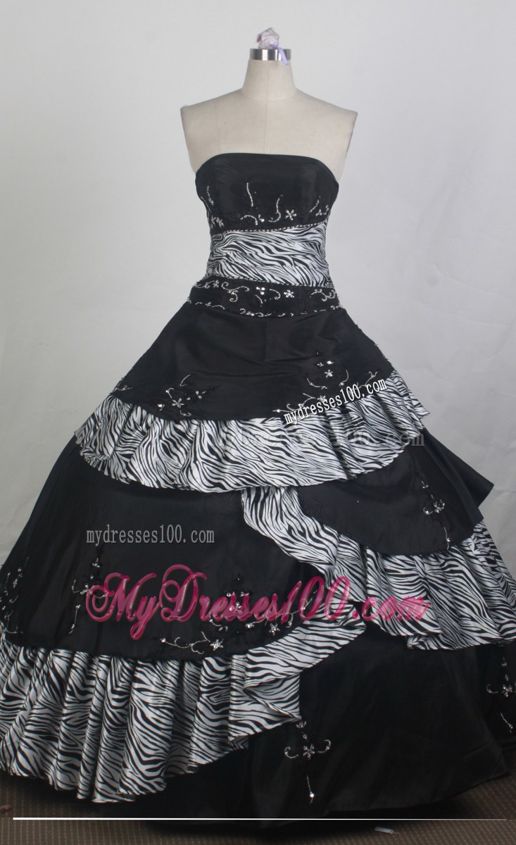 Low-Key Appliqued Black and Zebra Pattern Dresses for Quinceanera in Layers