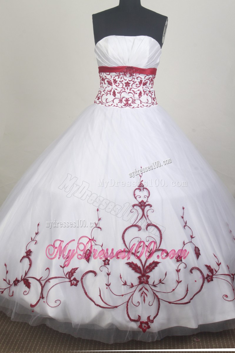 White Strapless Quinceanera Dress with Red Appliques Accent Waist and Hemline