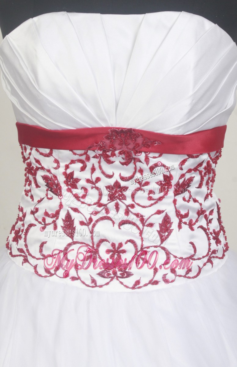 White Strapless Quinceanera Dress with Red Appliques Accent Waist and Hemline