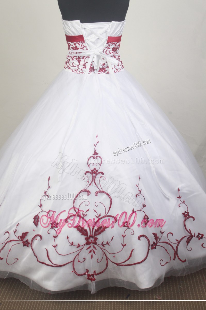 White Strapless Quinceanera Dress with Red Appliques Accent Waist and Hemline