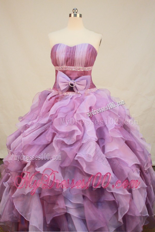 Two-Tone Pink Ruffled Quinceanera Dress with Beading and Bowknot At Waist