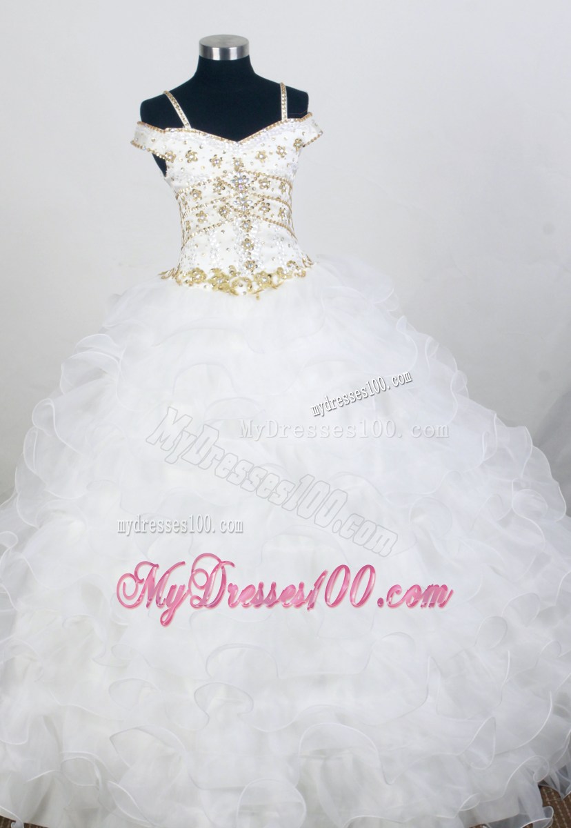 Ball Gown Straps Long Appliques and Ruffles Sweet 15 Dress