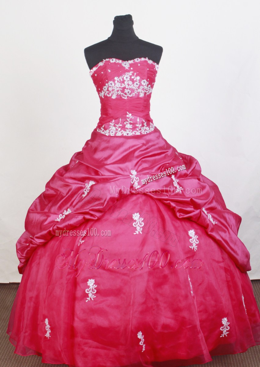 Simple Puffy Appliques Sweetheart Full Length Hot pink Quinceanera Dress