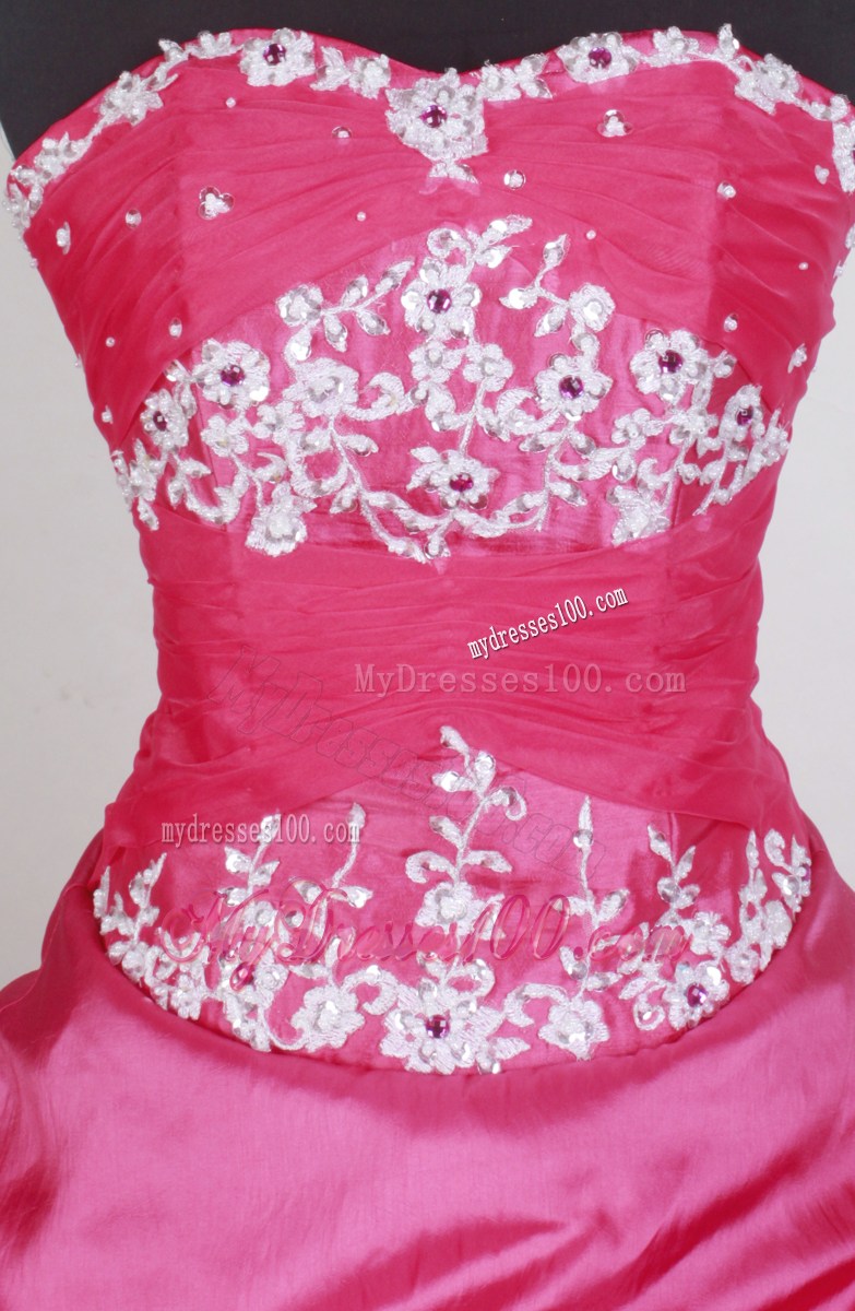 Simple Puffy Appliques Sweetheart Full Length Hot pink Quinceanera Dress