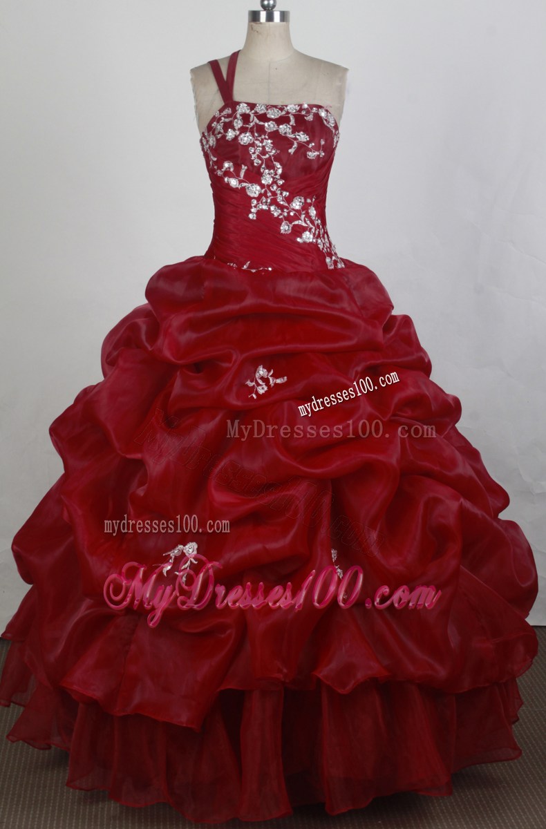 Asymmetrical Appliqued Wine Red Organza Dresses 16 with Pick-ups