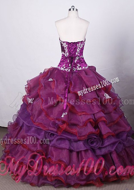 Popular Strapless Purple Ruffled Quinceanera Dress with Appliques