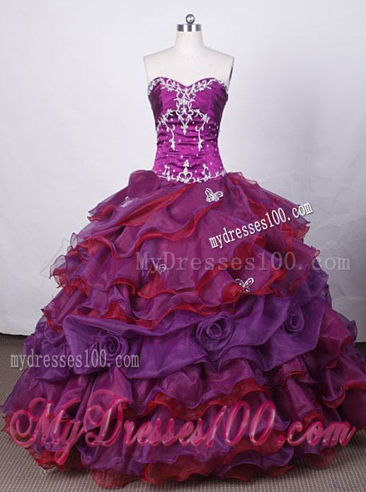 Popular Strapless Purple Ruffled Quinceanera Dress with Appliques