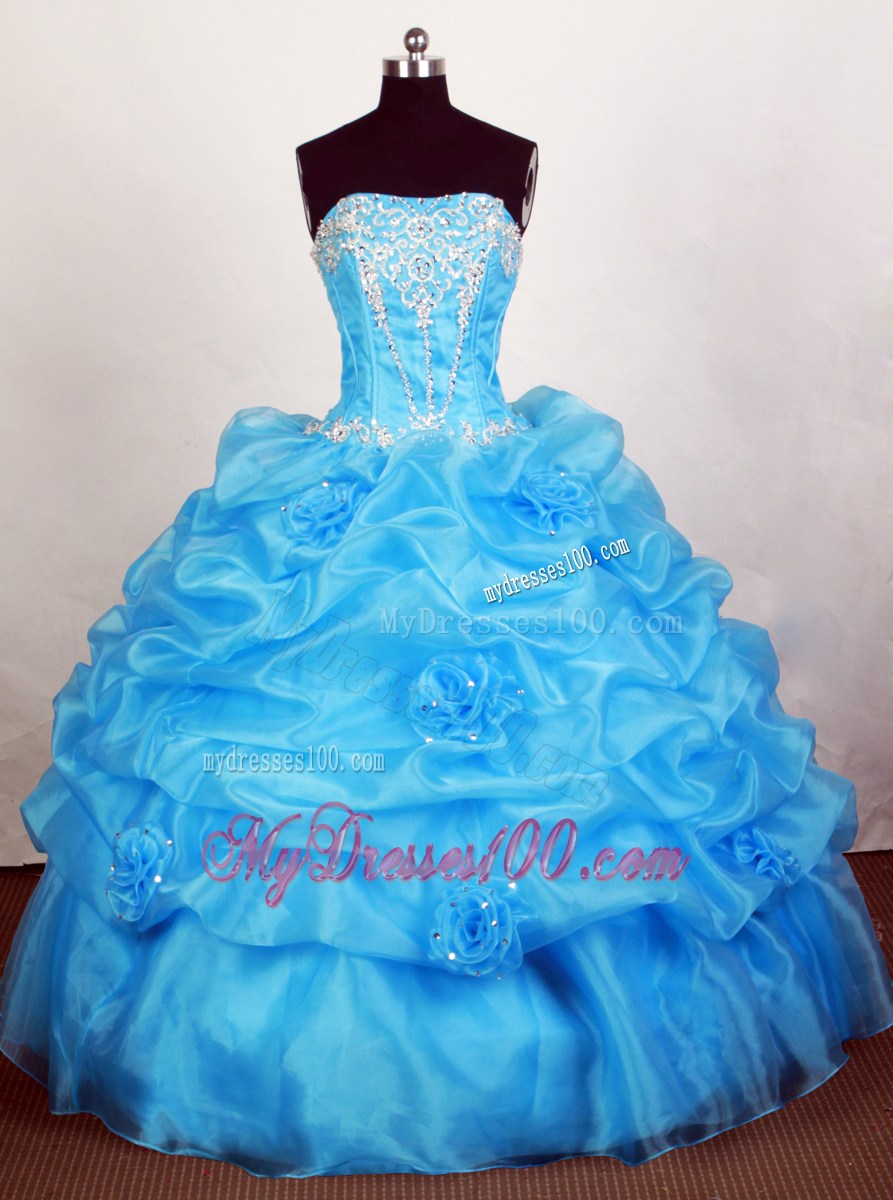 Teal Organza Quinceanera Dress with Appliques and Flowers