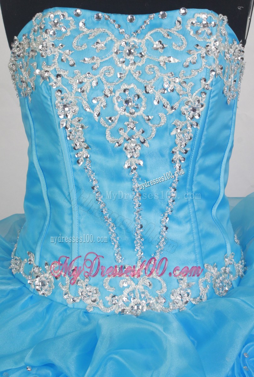 Teal Organza Quinceanera Dress with Appliques and Flowers