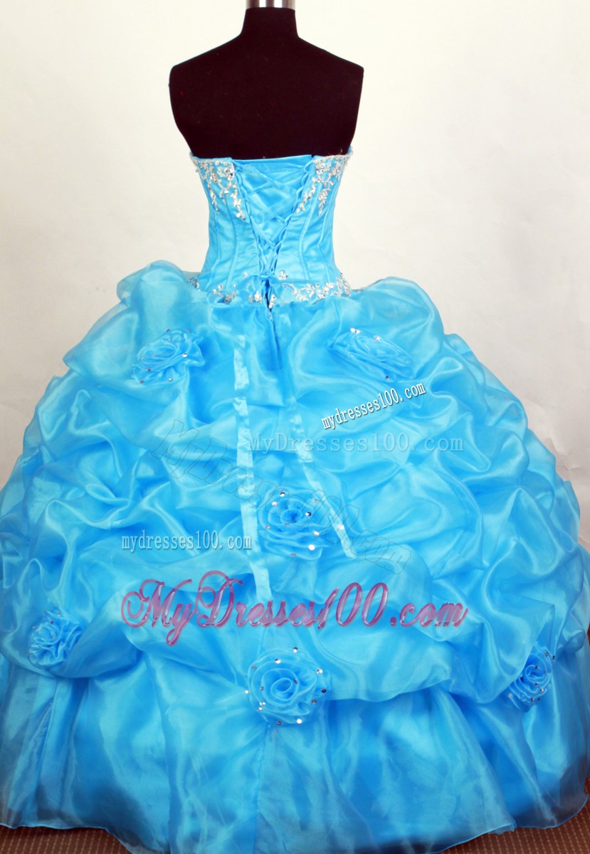 Teal Organza Quinceanera Dress with Appliques and Flowers