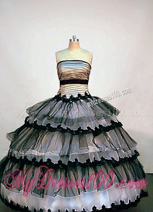 Sexy Sheer Black and White Tulle Strapless Ruffled Organza Quince Dress