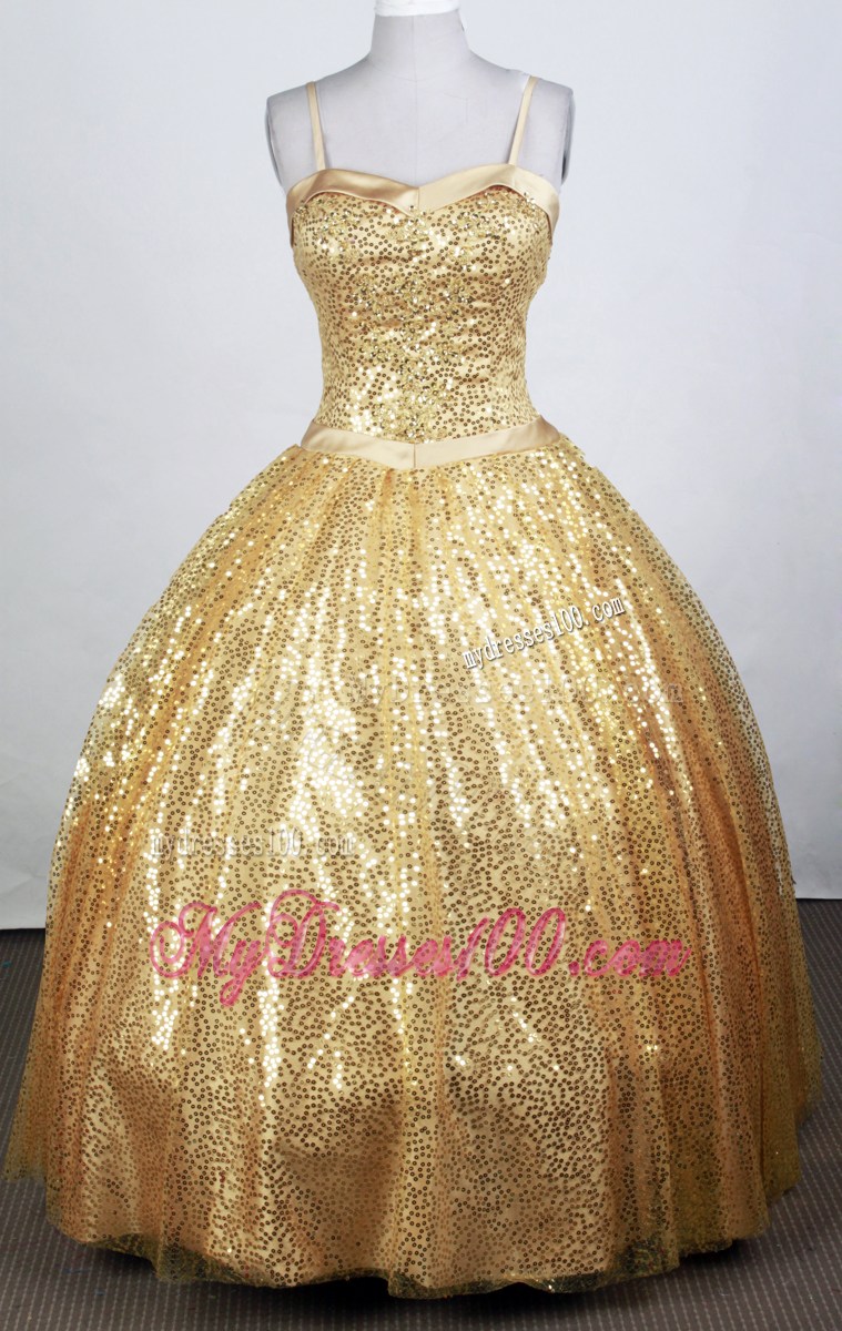 Spaghetti Straps Gold Quinceanera Dress with Sequins Fabric
