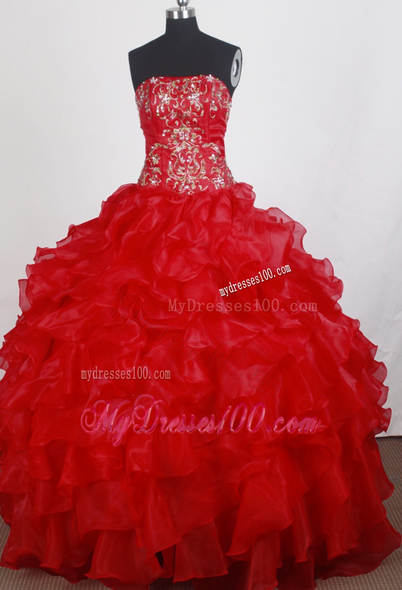 Beautiful Puffy Embroidery Strapless Red Summer Quinceanera Party Dress