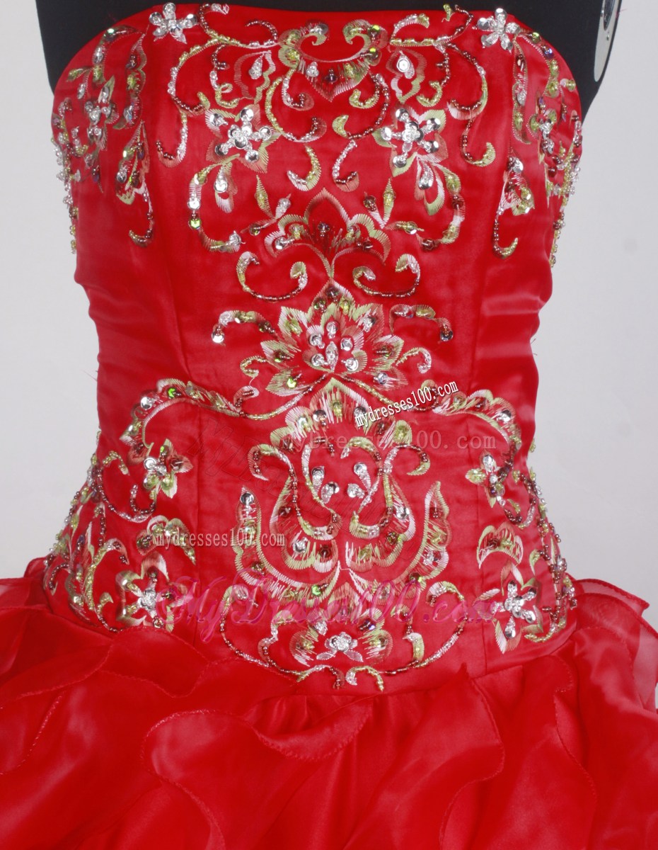 Beautiful Puffy Embroidery Strapless Red Summer Quinceanera Party Dress