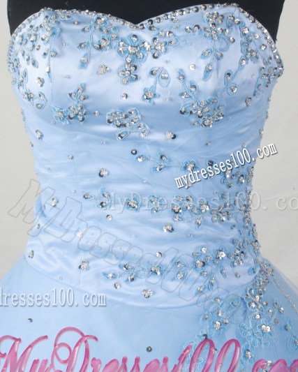 Baby Blue Sweetheart Rhinestones and Appliques Decorate Quinceanera Dress