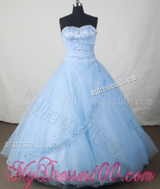 Baby Blue Sweetheart Rhinestones and Appliques Decorate Quinceanera Dress