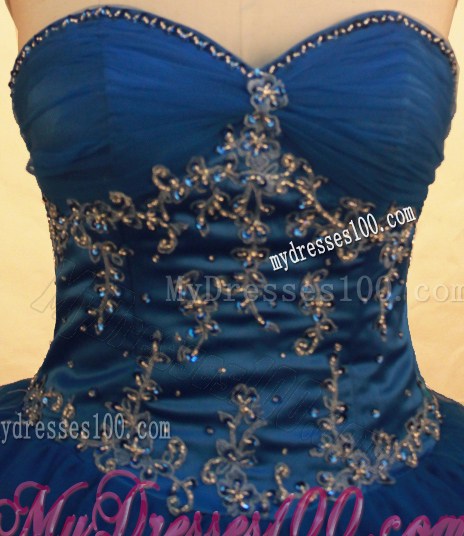 Floor-Length Beaded Dresses For Quinceaneras with Appliques in Royal Blue