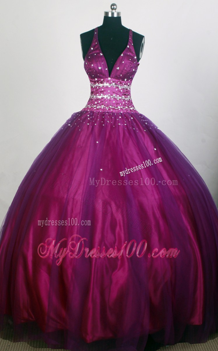 Beading Halter Sequins Fuchsia Quinceanera Dresses with Zipper Up Back