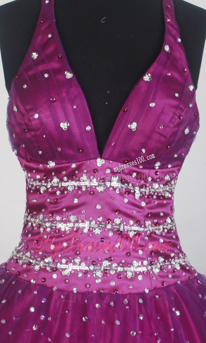Beading Halter Sequins Fuchsia Quinceanera Dresses with Zipper Up Back