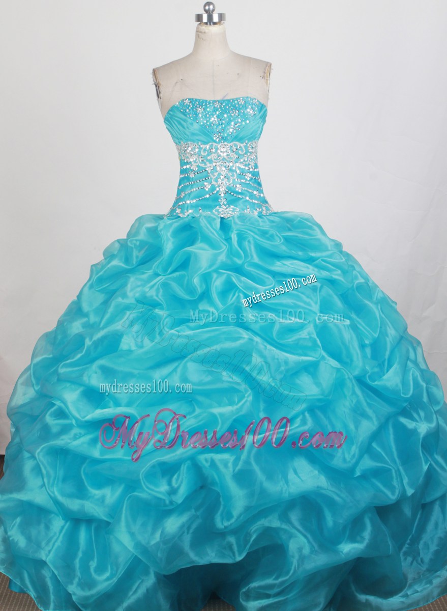 Pretty Puffy Aqua blue Beading Strapless Long 2013 Quinceanera Dresses