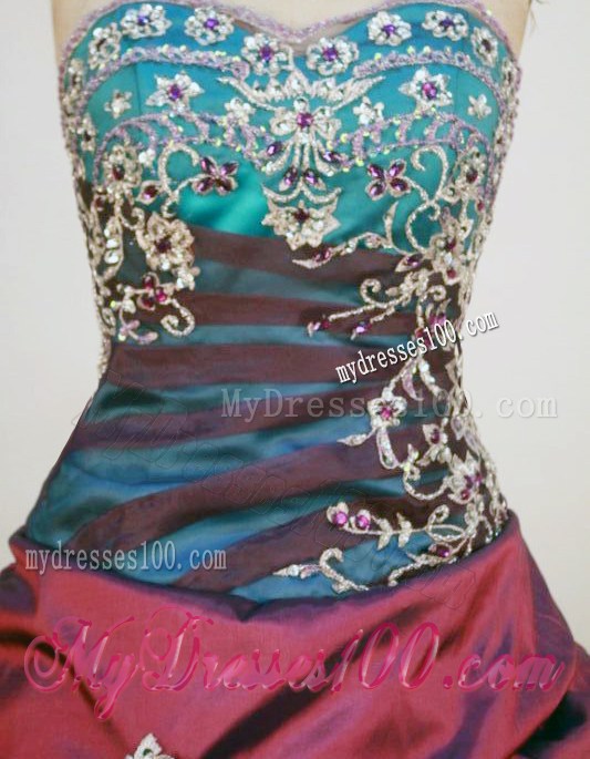 Appliques Pick-ups Ruffles Quinceanera Dress Aqua Blue and Burgundy