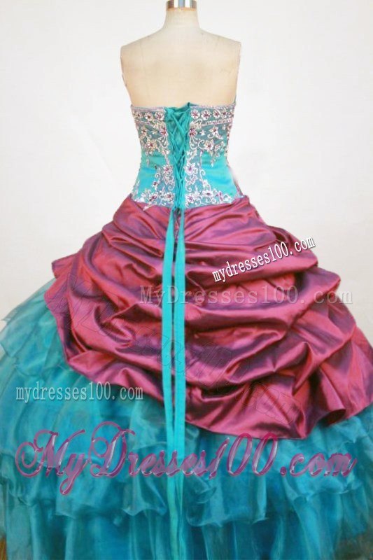 Appliques Pick-ups Ruffles Quinceanera Dress Aqua Blue and Burgundy