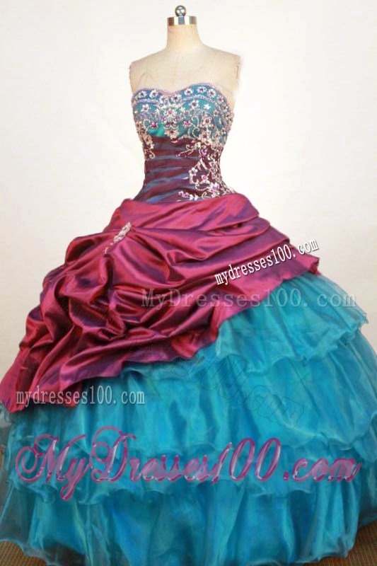 Appliques Pick-ups Ruffles Quinceanera Dress Aqua Blue and Burgundy