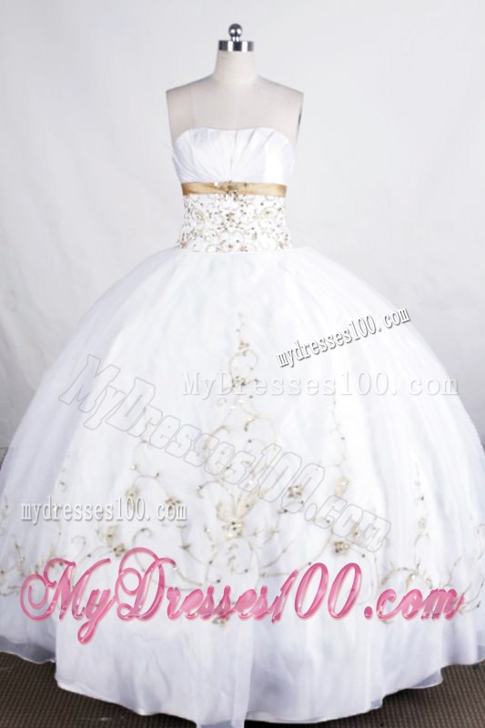 Ruched White Quinceanera Gowns with Champagne Beaded Appliques