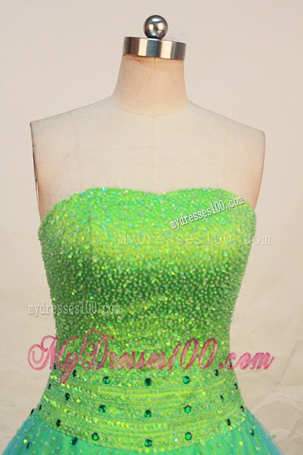 Pretty Full Beaded Bust Strapless Spring Green Quinceanera Dress