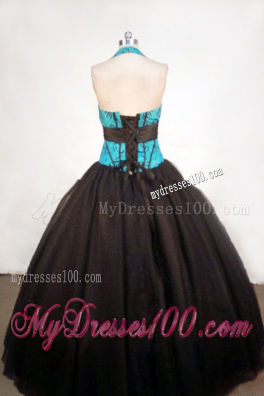 Puffy Corset Back Halter Top Quinceanera Gown Turquoise and Black
