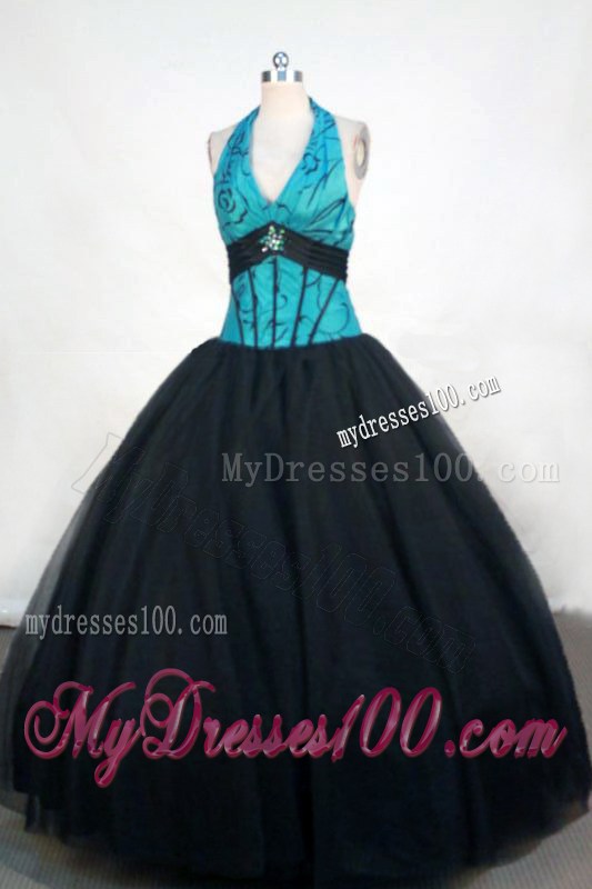 Puffy Corset Back Halter Top Quinceanera Gown Turquoise and Black