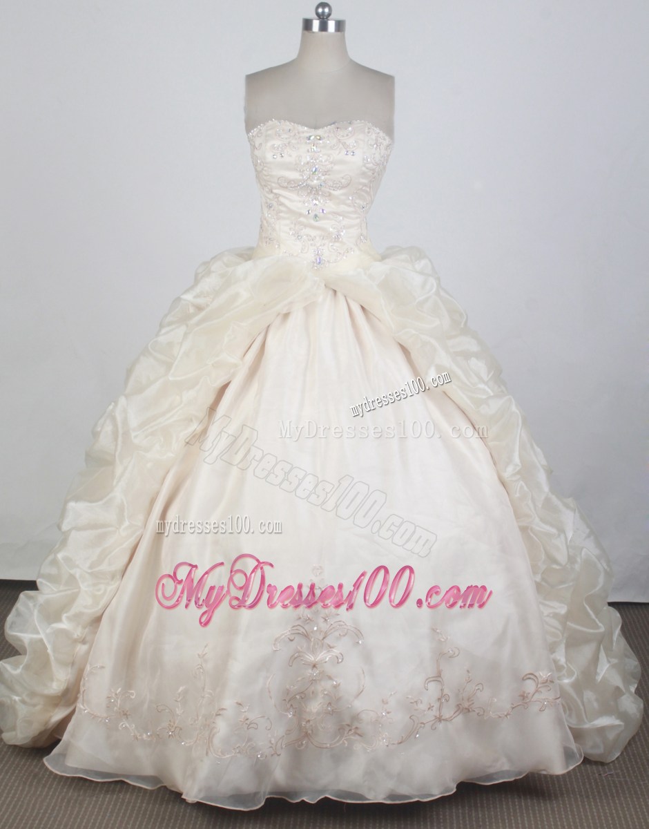 Romantic Strapless Champagne Quinceanera Dress with Beaded Bust