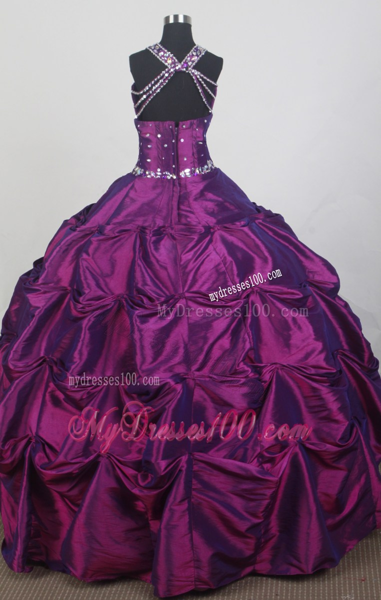 Purple Long Pick-ups Sweet 15 Dresses with Jeweled Neckline