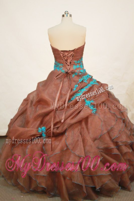 Coffee Pick-ups and Ruffles Quinces Dresses with Turquoise Appliques