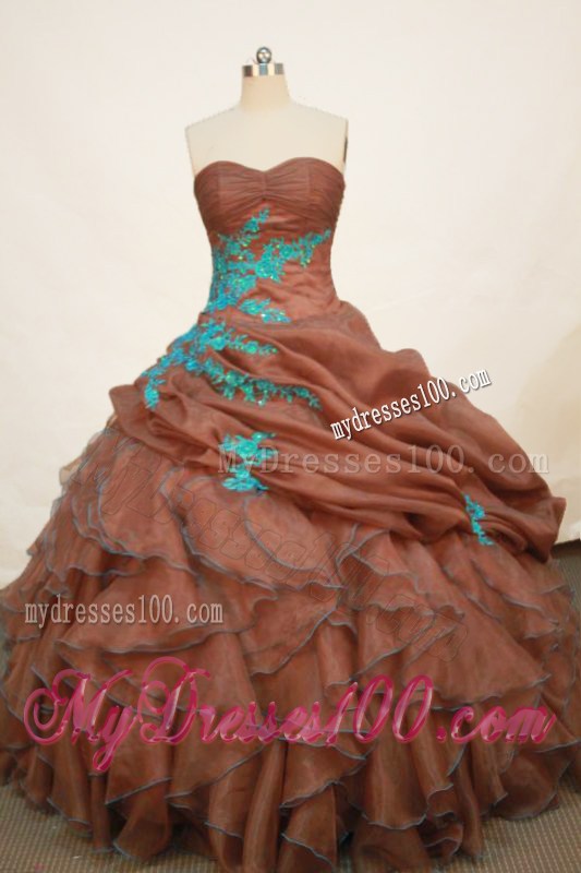 Coffee Pick-ups and Ruffles Quinces Dresses with Turquoise Appliques