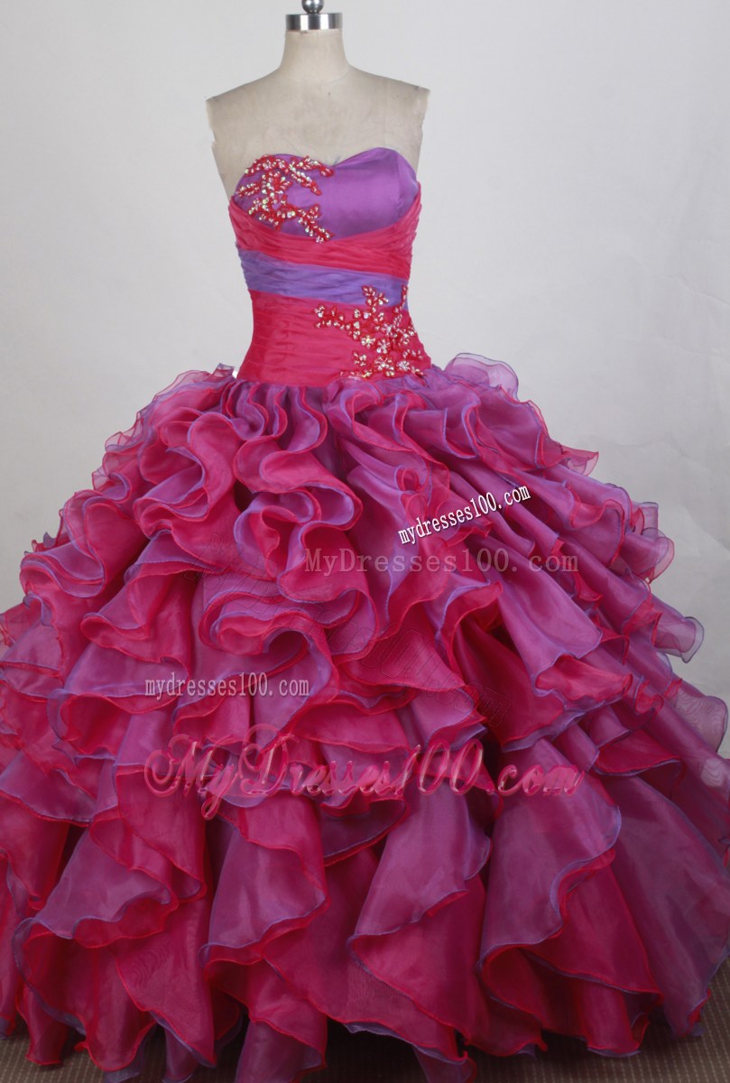 Lavender and Fuchsia Quinceanera Dress with Beading and Puffy Ruffles