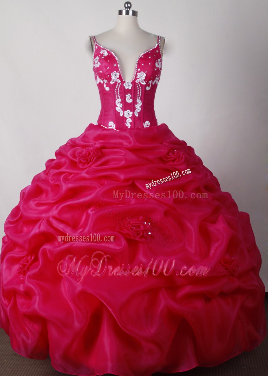 Sexy Beaded Straps Hand Made Flowers Hot Pink Sweet 15 Dress