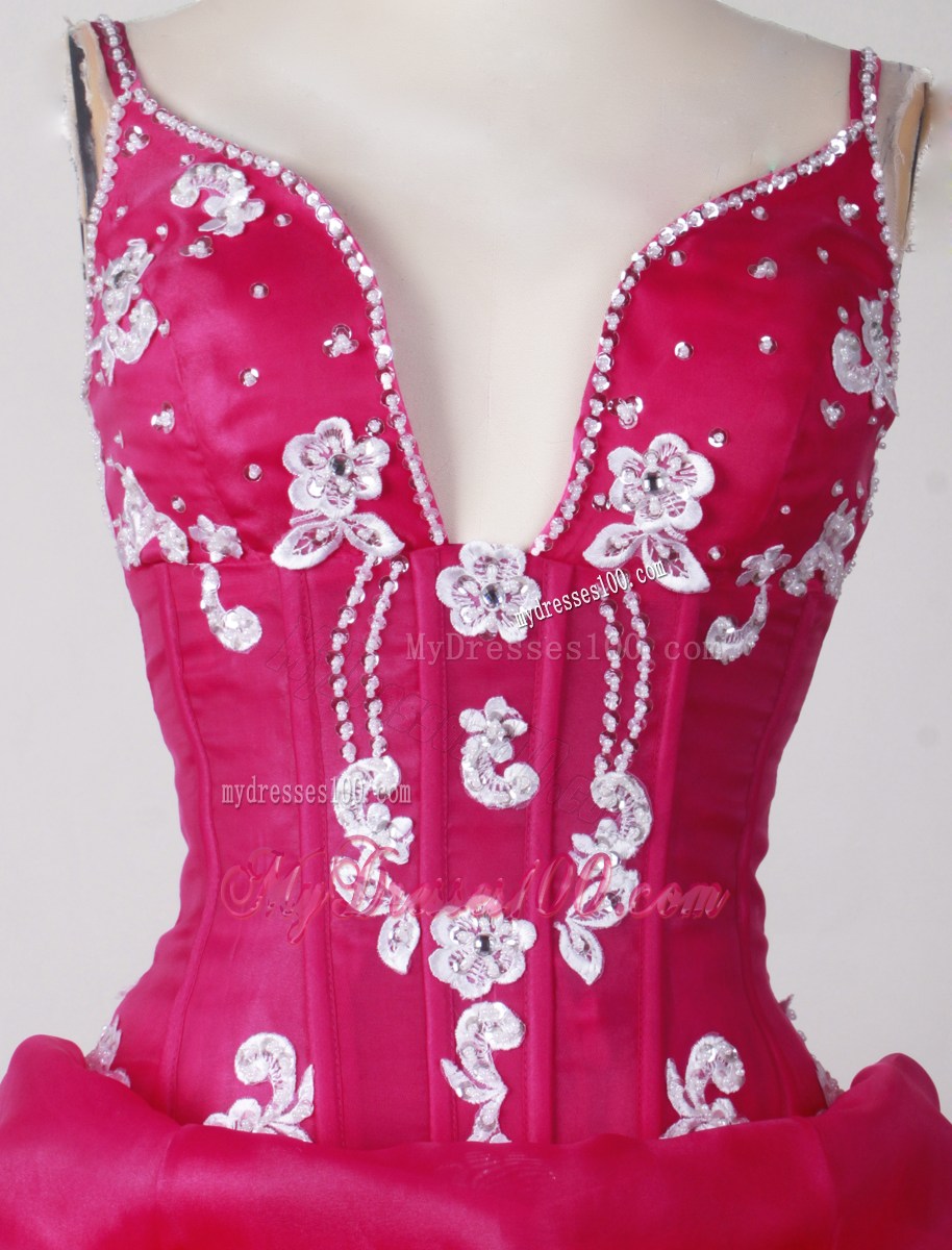 Sexy Beaded Straps Hand Made Flowers Hot Pink Sweet 15 Dress