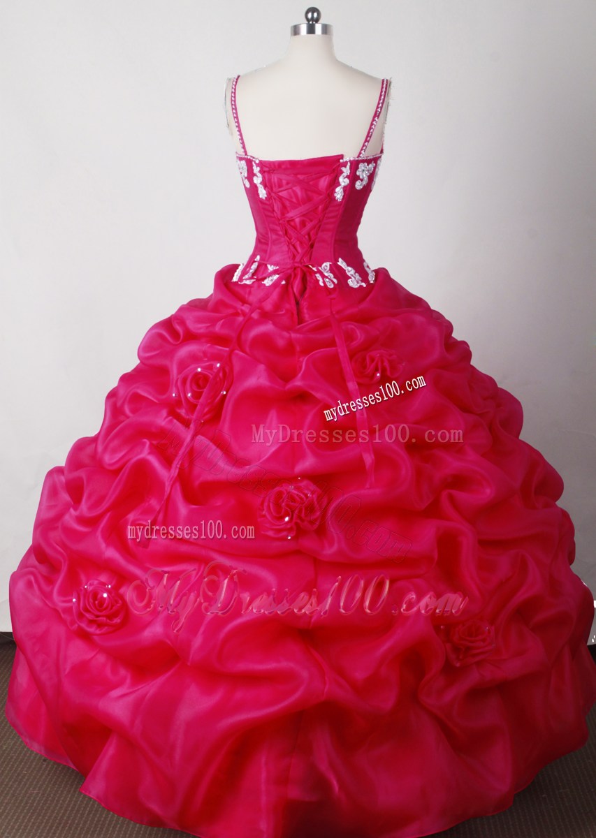 Sexy Beaded Straps Hand Made Flowers Hot Pink Sweet 15 Dress