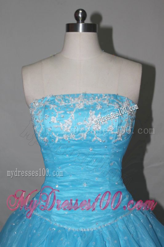 Beautiful Appliqued Bodice Aqua Blue Organza Dress for Quinceanera