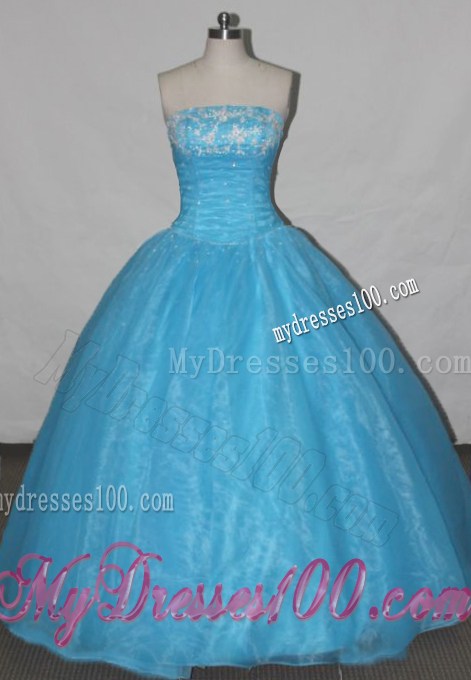 Beautiful Appliqued Bodice Aqua Blue Organza Dress for Quinceanera