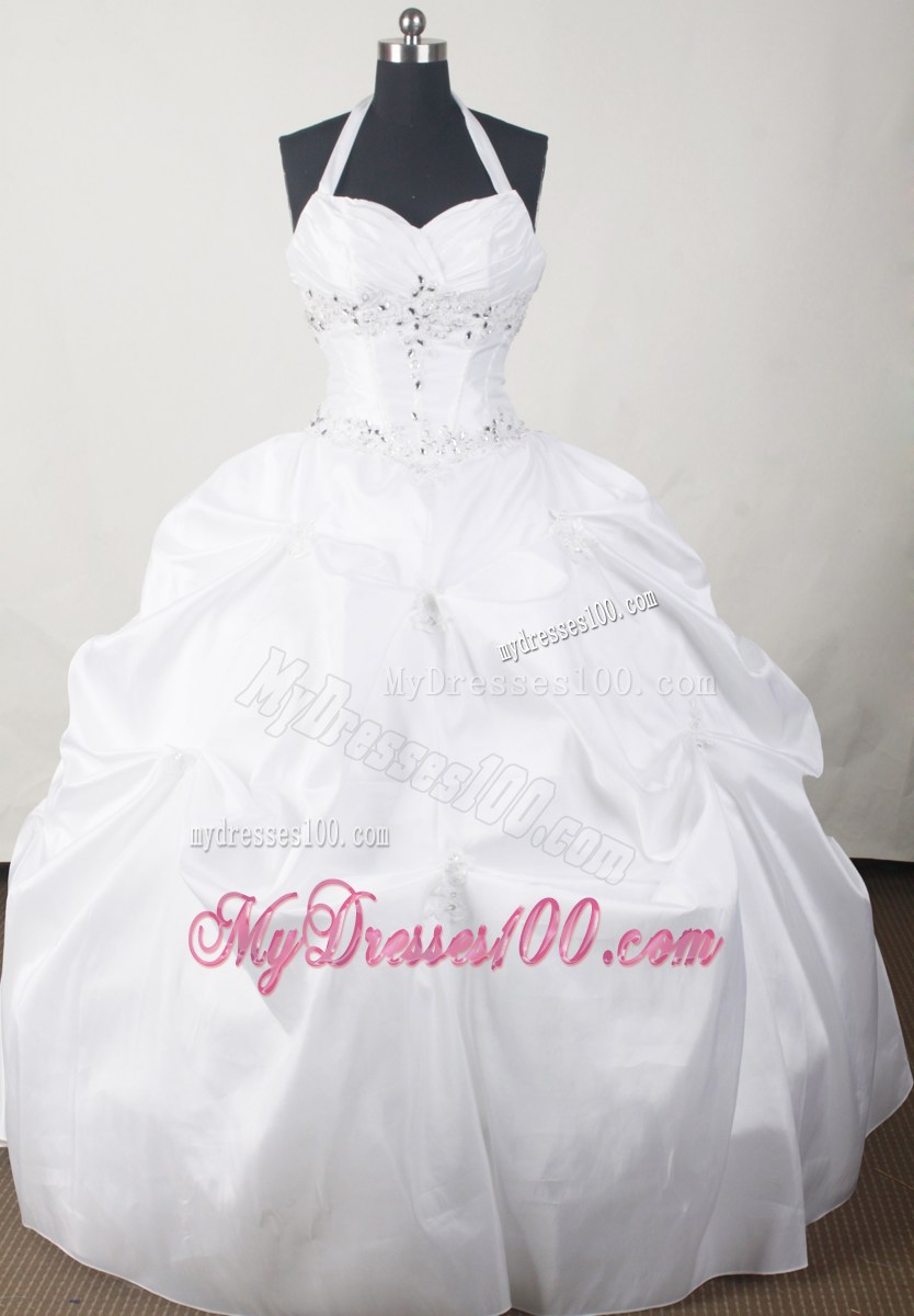 White Pick-ups Ball Gown Halter Beaded Bust Quinceanera Dress